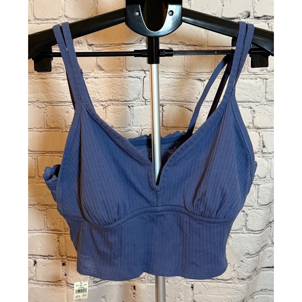 Aerie Real Good Ribbed Lace Back Bralette XL Blue Purple V-Neck NWT